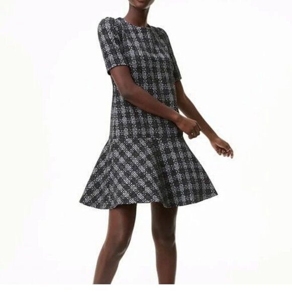 Loft Black White Windowpane Print Short Sleeve Drop Waist Flounce Dress Small - Picture 1 of 11